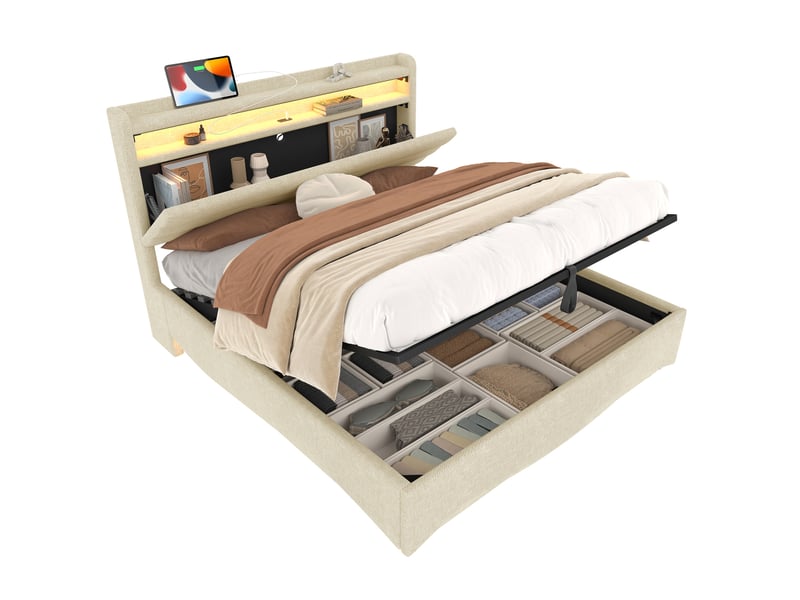  Lit capitonné, 140 x 200 cm, sans matelas, avec éclairage led, mécanisme hydraulique, ports usb et type-c, compartiment de rangement, étagères, revêtement en lin, beige  - Conforama A