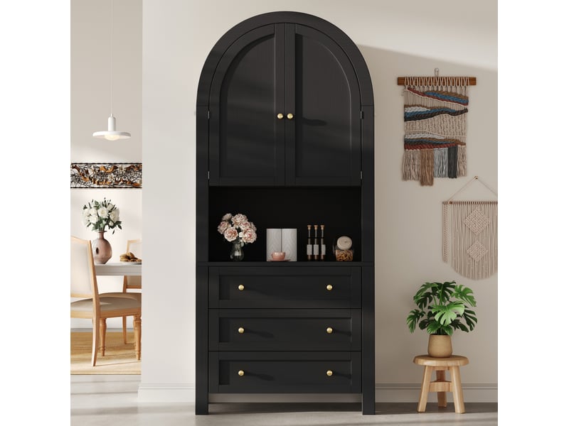  Armoire de rangement haute 70x35x180 cm 3 tiroirs mdf noir avec portes, rangement ouvert et design incurvé  - Conforama D