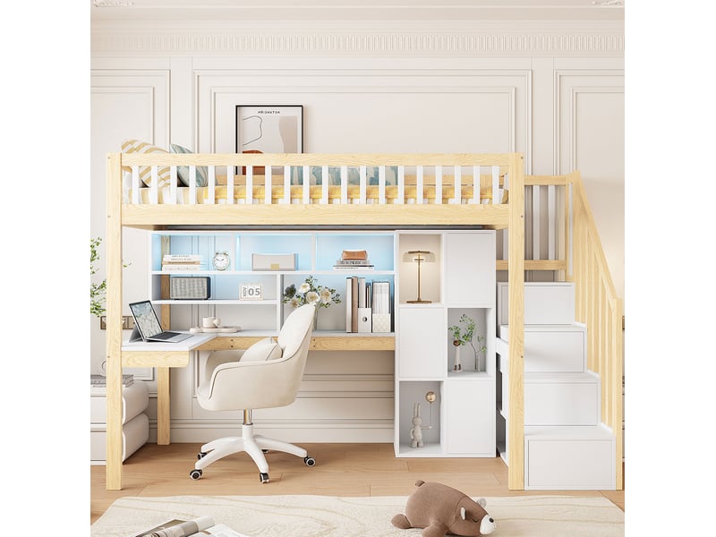  Lit mezzanine enfant 90x200 cm avec bureau, rangements led blanc et naturel  - Conforama E