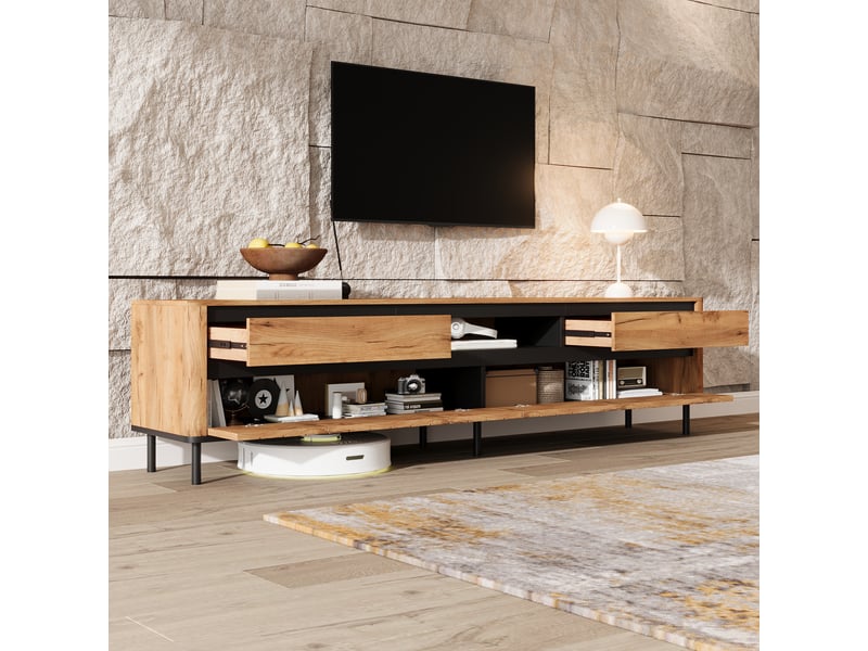  Ensemble meuble tv et buffet de salon, finition bois naturel avec accents noirs, meuble tv 180 cm pour téléviseur 75 pouces  - Conforama R