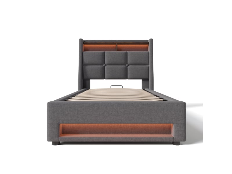  Lit enfant 90x200 cm avec usb et led, lit simple avec matelas, gris, cadre de lit adulte avec tête de lit en lin  - Conforama E