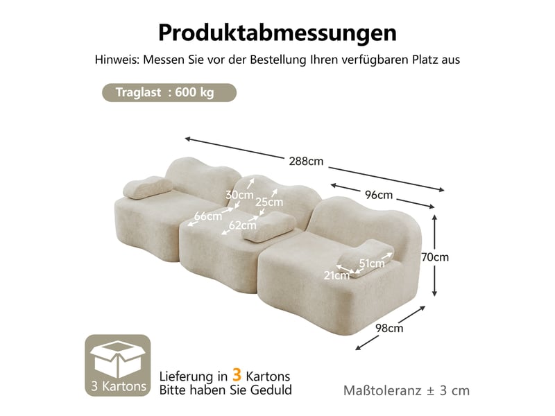 Canapé 3 places - 288x98x70 cm - canapé droit modulable velours, mousse 32d, sans structure rigide et coussins amovibles - beige - Conforama E