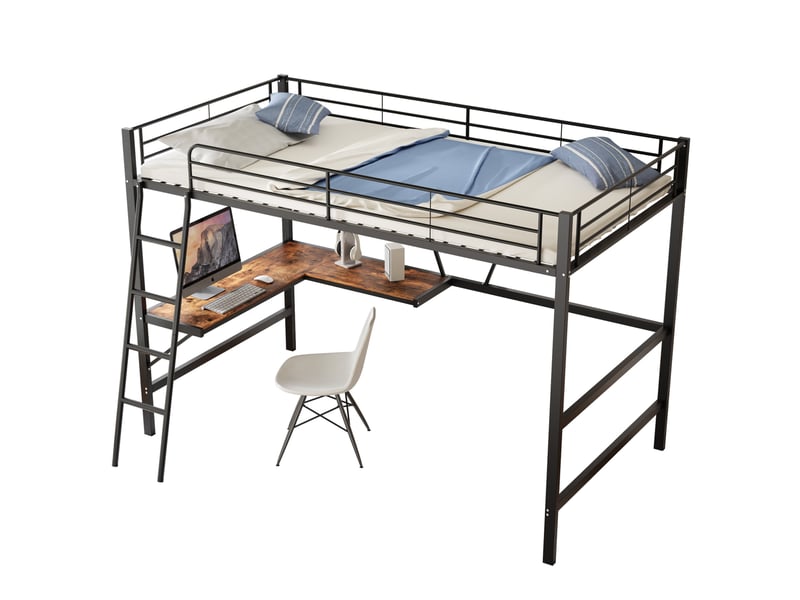  Lit mezzanine 90x200 cm en métal noir avec bureau en l, étagère et sommier à lattes  - Conforama A