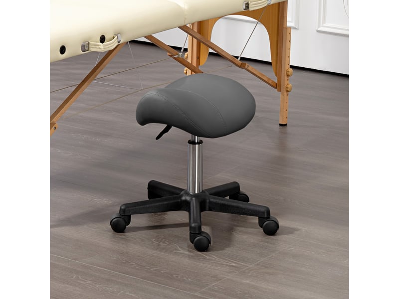  Tabouret à roulettes avec assise en forme de selle réglable en hauteur et pivotant à 360 degrés recouvert de similicuir gris  - Conforama D