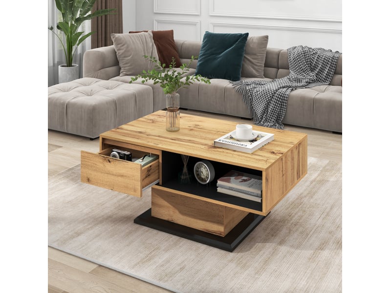  Table basse avec tiroir et rangement double face – décor chêne et anthracite – 100 x 60 x 47 cm  - Conforama C