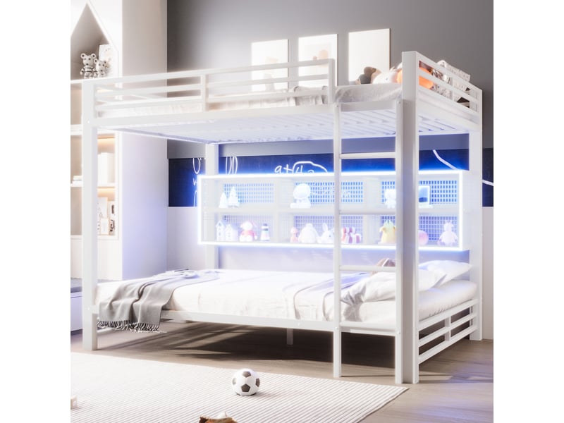 Lit superposé 140 x 200 cm, rangements, led, blanc  - Conforama B