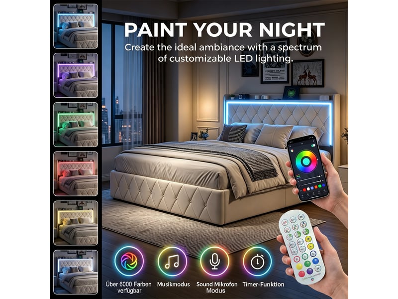 Lit coffre 140x190 avec led et usb, lit 2 places avec rangement lit double rembourré avec tête de lit capitonné lit hydraulique avec sommier à lattes lit 2 personnes beige velours, sans matelas - Conforama D
