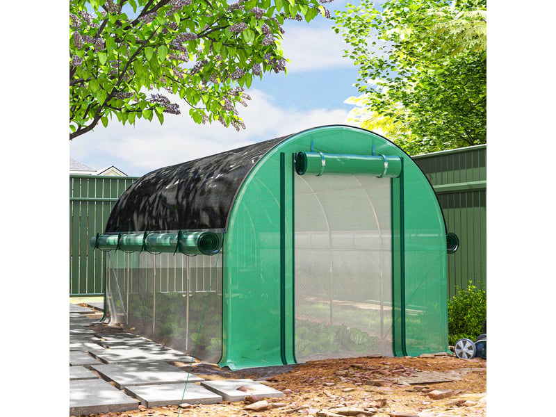 Serre tunnel 4,5 x 2 x 2 m avec bâche pe 140 gm², parois latérales enroulables, 8 fenêtres et 2 portes, couleur verte - Conforama D