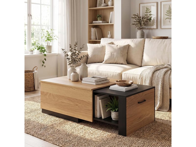  Table basse extensible, table d’appoint rectangulaire, avec compartiment coulissant, casier latéral, bureau coulissant, 80 x 60 x 37 cm  - Conforama C