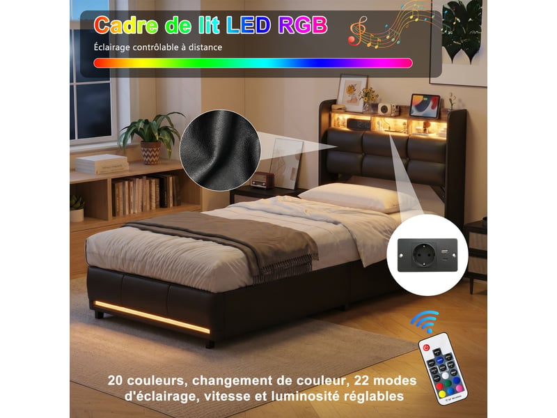  Lit simple coffre 90x200, rangement tête de lit et hydraulique, led tête et pied de lit, ports usb et type-c, revêtement pu noir  - Conforama E