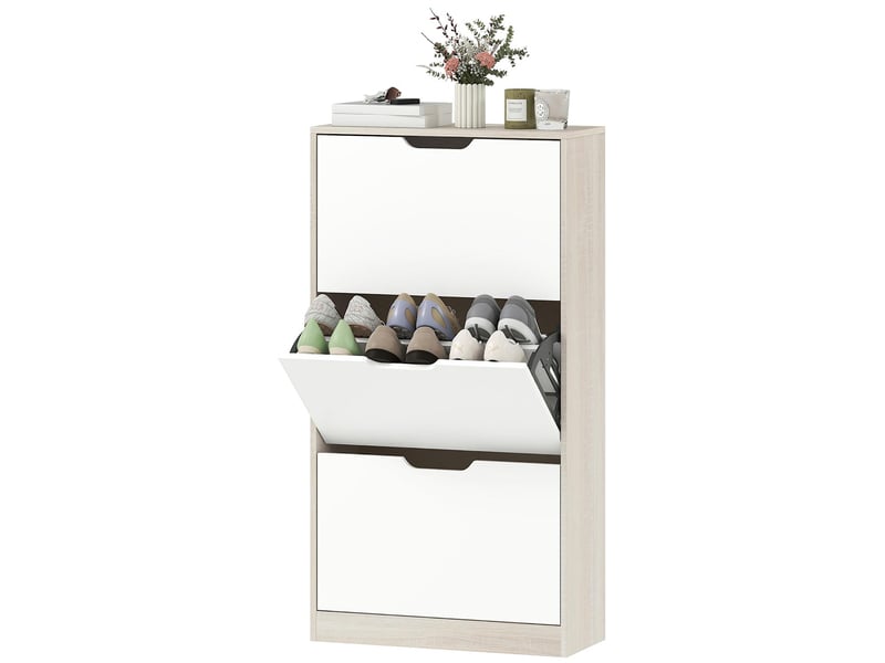  Meuble à chaussures 3 tiroirs rabattables 12 paires chêne et blanc 62,5 x 26 x 117,5 cm  - Conforama B