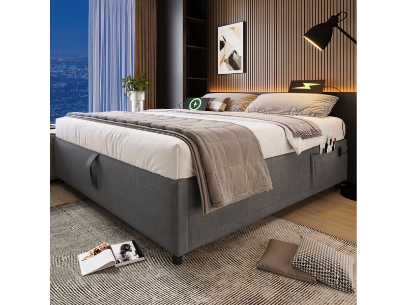  Lit coffre double 140x200 cm gris, sans tête de lit, avec ports usb et type-c intégrés  - Conforama D