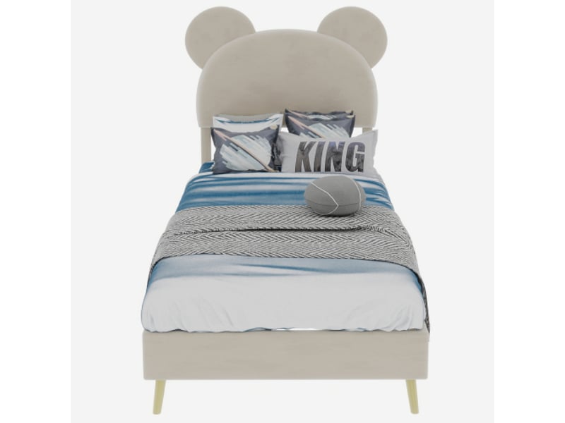  Lit enfant 90x200 cm, tête de lit dessin animé, sommier à lattes, en velours, beige, sans matelas  - Conforama E