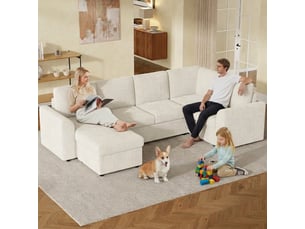 Canapé d'angle gauche fixe   6 places Tissu beige avec coffre de rangement