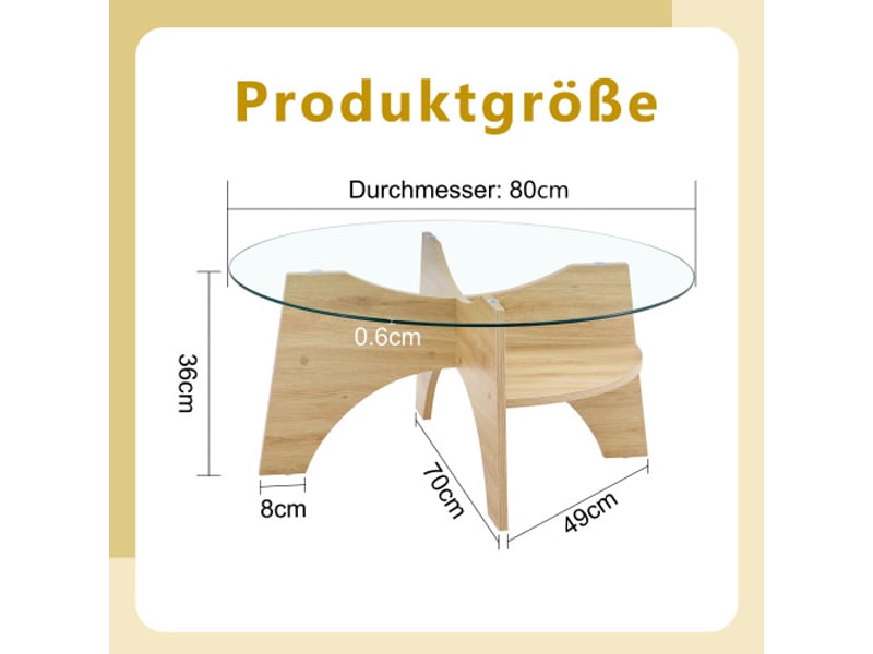  Table basse ronde en verre ø80 cm - plateau transparent, design multifonction, piètement éventail en mdf bois naturel  - Conforama C