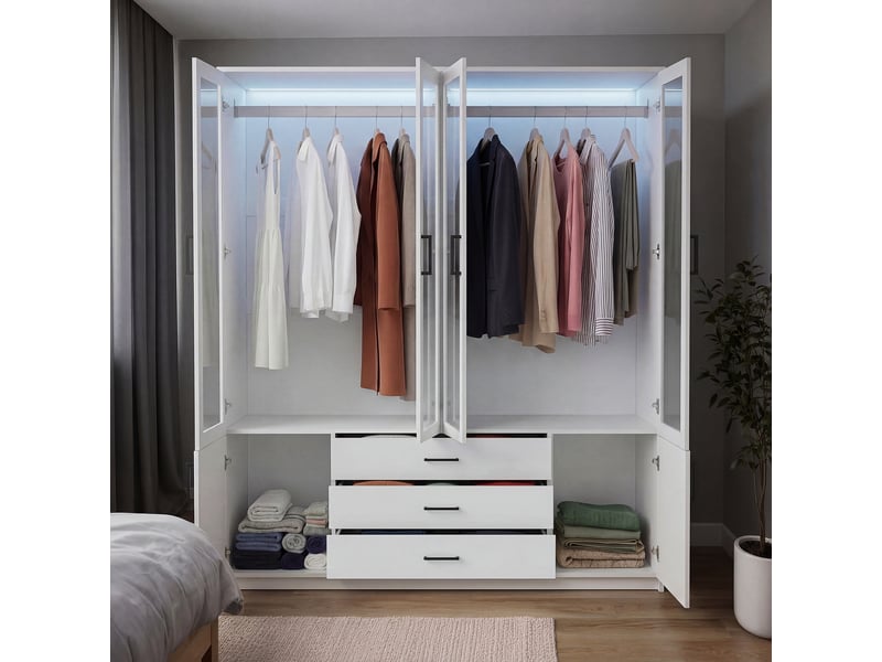  Armoire de chambre led - 160x51,8x182cm - meuble de rangement avec 4 portes vitrées avec led et 3 tiroirs - blanc  - Conforama D