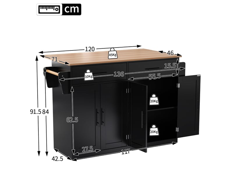  Desserte roulante,chariot de cuisine en mdf avec 4 portes,2 tiroirs,plateau pliable,roulettes et pieds en bois interchangeables,noir desserte noir - Conforama C