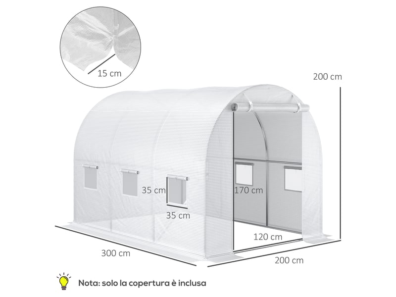  Bâche de serre en polyéthylène avec 6 fenêtres, porte enroulable et bords enterrés, 3 x 2 x 2 m, blanche  - Conforama E