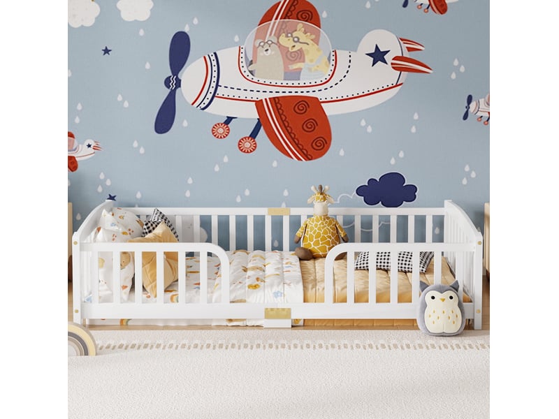  Lit au sol enfant modenvie 90 x 200 cm avec barrières de sécurité entrée centrale bois de pin et contreplaqué blanc  - Conforama E