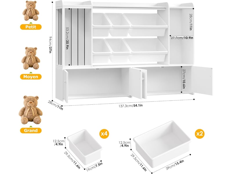  Meuble rangement enfant, bibliothèque enfant, 137,3x28x94cm,blanc  - Conforama C