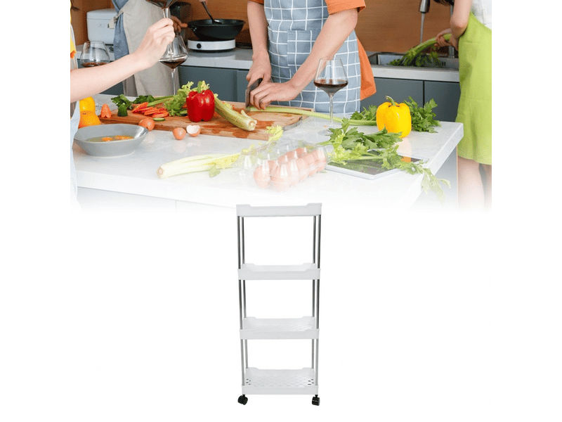 Chariot à roulettes élargi à 4 niveaux en acier inoxydable pp avec roulettes pour salle de bain, toilettes, salon et cuisine (blanc) - Conforama B