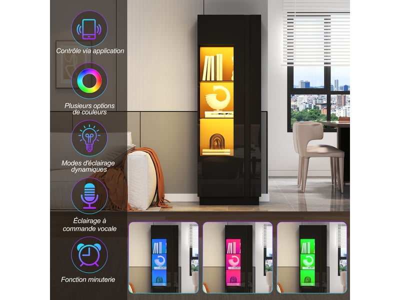  Vitrine haute 60x40x180 cm avec porte en acrylique, led bluetooth, 5 espaces de rangement et étagères en verre - noir  - Conforama D