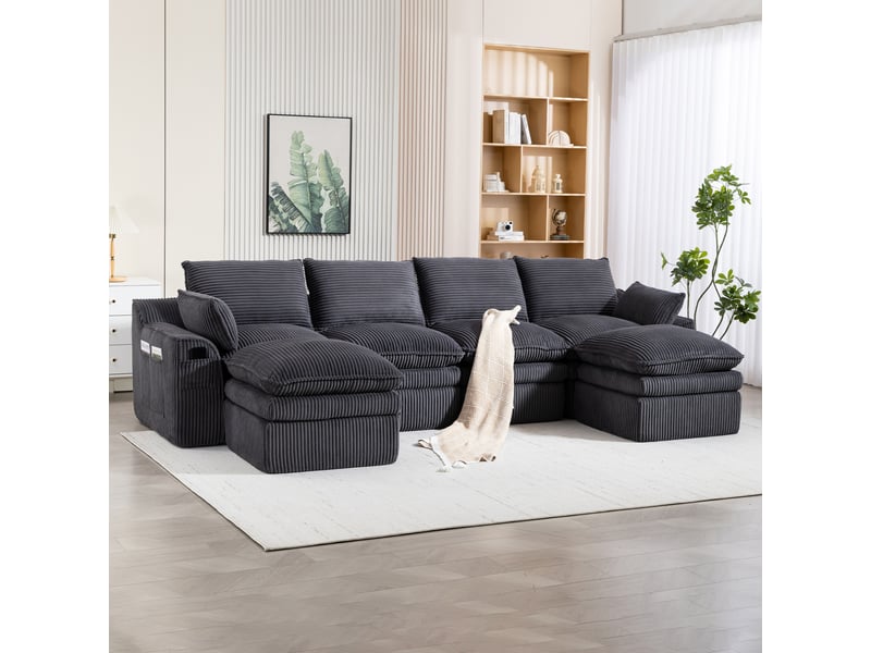  Canapé modulable ulevr 4 places en velours côtelé gris foncé avec 2 poufs, coussins et poches latérales  - Conforama B