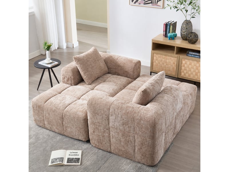  Canapé méridienne une place en chenille avec coussin et poches latérales, 158 x 90 x 60 cm, kaki  - Conforama E