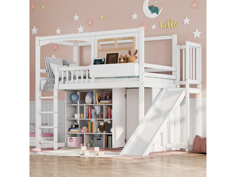  Lit superposé pour enfant, glissade, rangement, barrières et échelle, 90x200cm, blanc naturel  - Conforama C