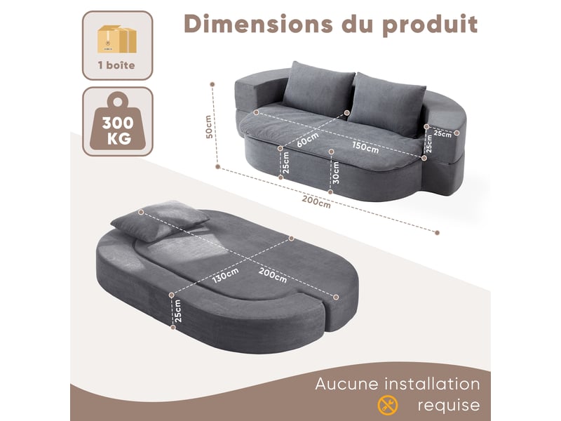  Chauffeuse convertible 2 places 130x200 cm, sans cadre rigide, mousse haute densité, 2 coussins, couverture 2-en-1, gris clair Morn Vibe - Conforama E