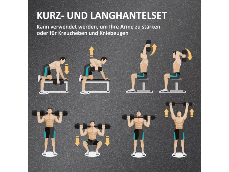  Set d'haltères réglables 2 en 1 jusqu'à 30 kg noir, barres en métal avec extension pour barre longue  - Conforama E