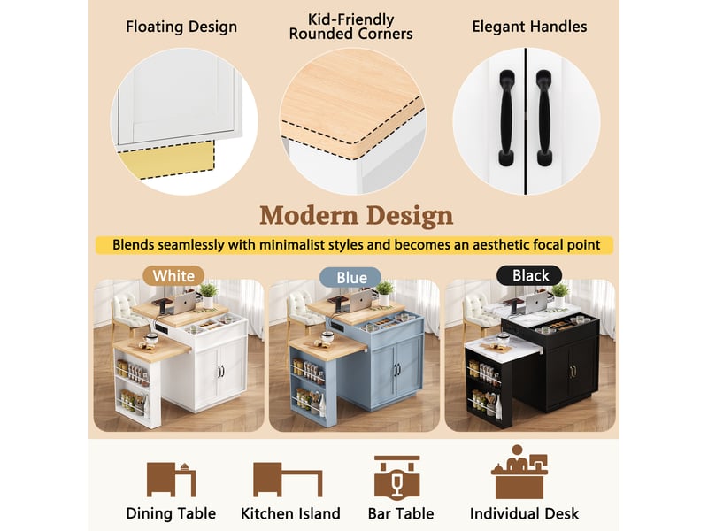  Table extensible avec rangement, led et roulettes pour cuisine en mdf 125,5–187,5×71×93 cm blanc  - Conforama C