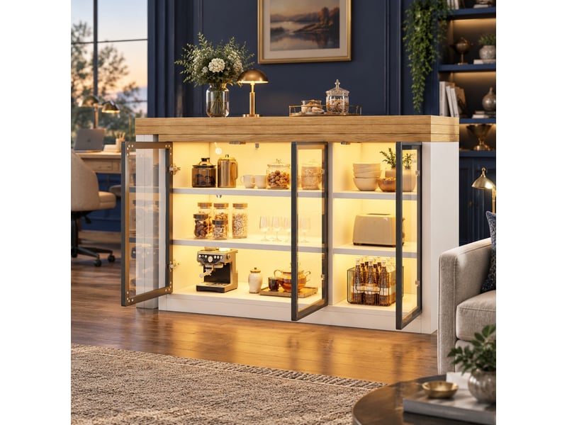  Îlot de cuisine avec table extensible pivotante à 360° et buffet, mdf et verre blanc  - Conforama B