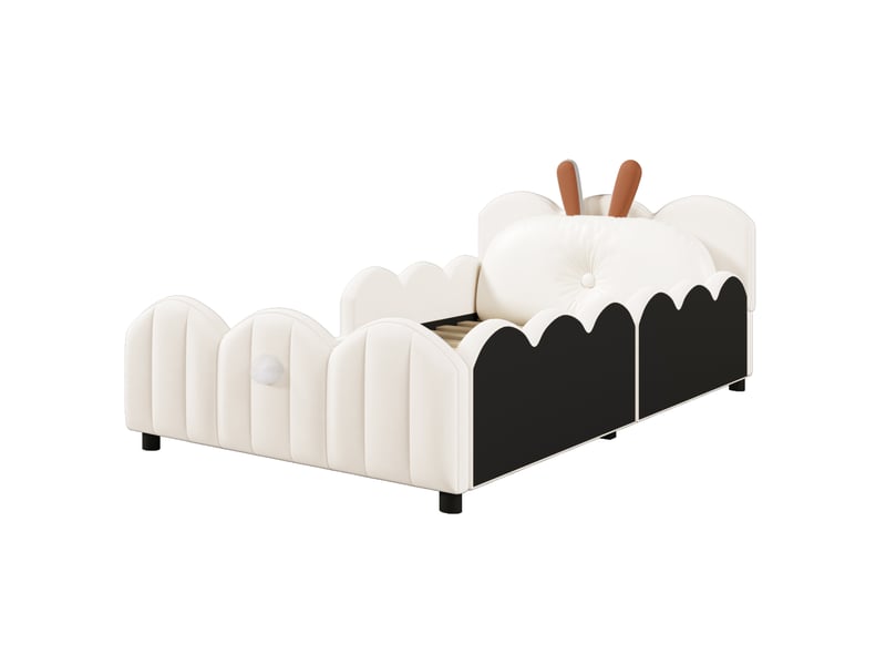  Lit plateforme capitonné 90x200 cm beige mdf et velours avec coussin lapin et sommier à lattes Sol Morn - Conforama A