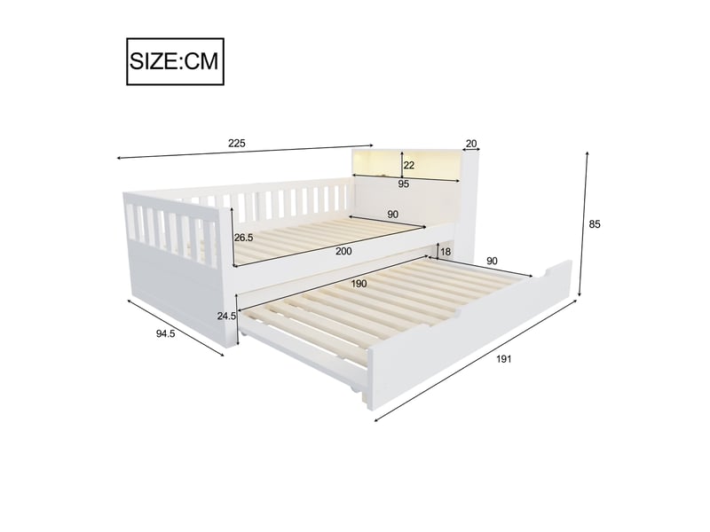  Lit gigogne avec rangement 90x200cm led usb et barrières sécurité - bois - blanc CozyNest - Conforama C