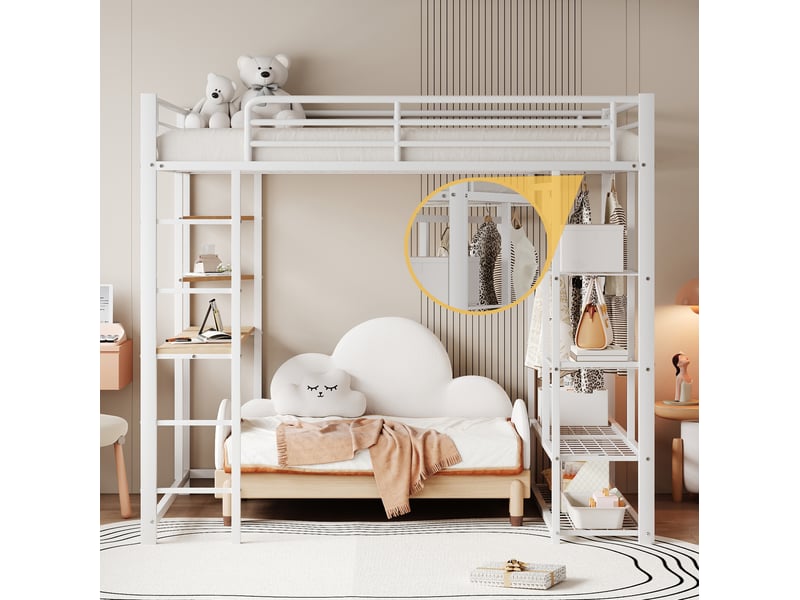 Lit mezzanine enfant 90x200 cm avec échelle, bureau, rangements et penderie blanc - Conforama D