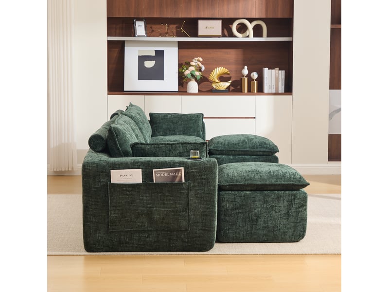  Canapé modulaire 4 places modenvie avec 2 poufs, coussins, porte-gobelets et poches latérales en chenille vert foncé  - Conforama D
