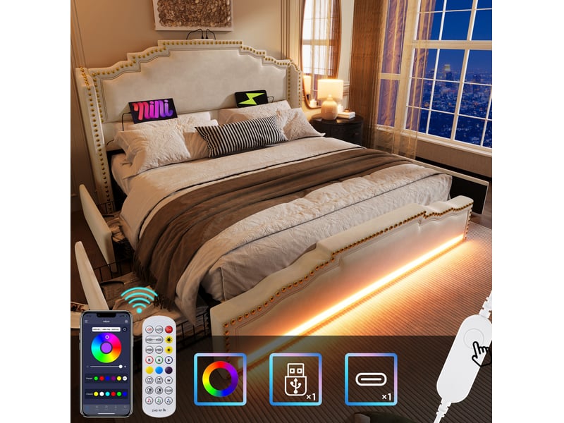  Lit rembourré ulevr 160x200 avec 4 tiroirs, led, usb et usb-c, velours beige, sommier à lattes et matelas inclus  - Conforama D