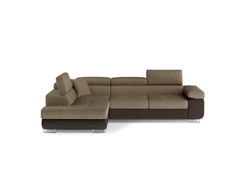 Canapé d'angle convertible menton beige et marron bouclette – angle gauche avec coffre - Conforama A