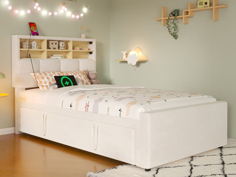  Lit gigogne, 90 x 200 cm, design multifonction extensible, avec port de charge et compartiment de rangement ouvert, velours, beige  - Conforama B