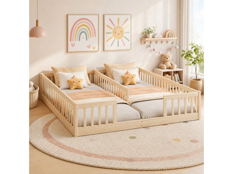Lit combiné enfant 2 couchages 90 x 200 cm naturel avec barrières et sommiers à lattes - Conforama B