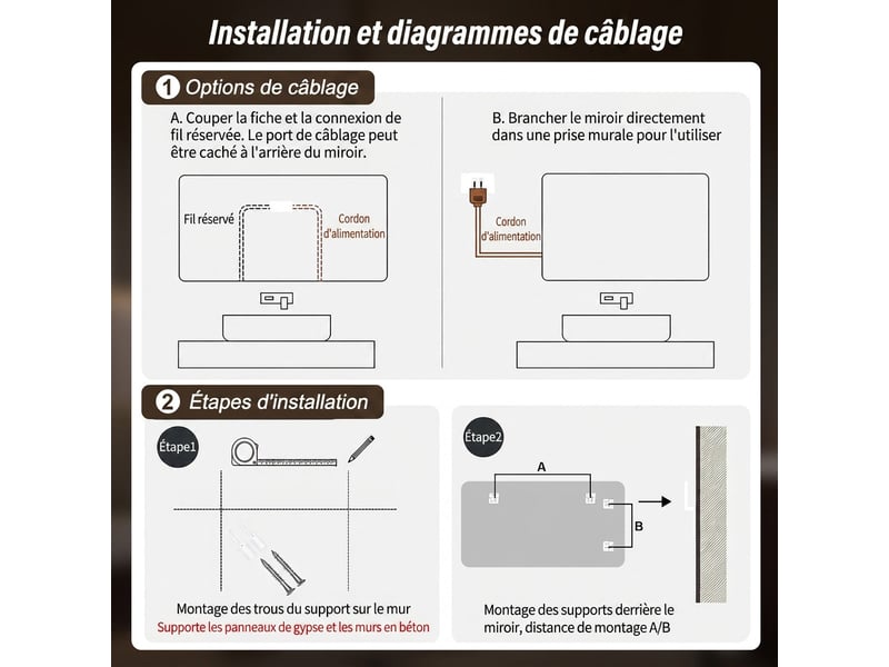  Miroir led salle de bain 60x100 cm sans cadre, antibuée, éclairage réglable  - Conforama B