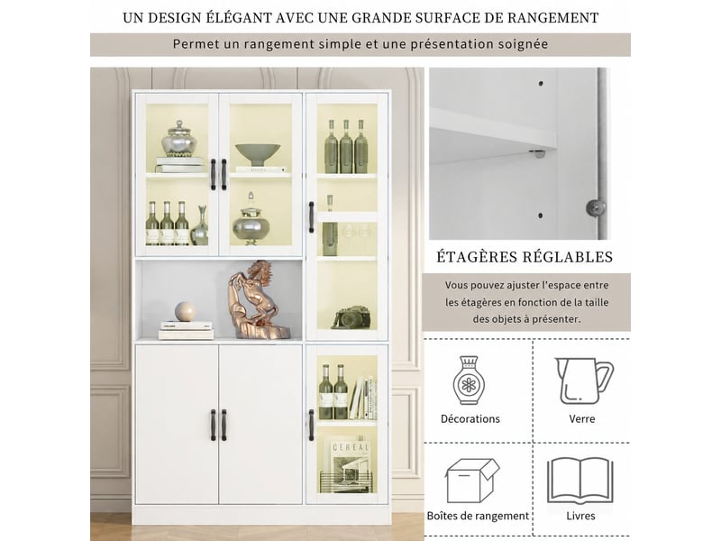 Vitrine led avec 6 portes, 9 compartiments et 4 étagères réglables, 120 x 40 x 200 cm, blanc - Conforama D