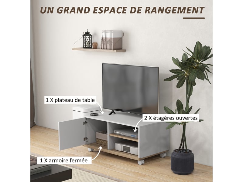  Meuble tv sur roulettes avec 2 freins - en bois blanc chêne clair - 2 niches + placard porte 2 passe-fil  - Conforama E