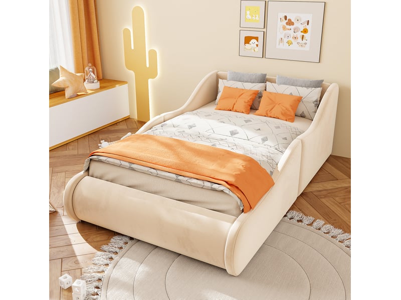  Lit enfant 90 x 200 cm en velours beige, tête de lit haute et barrières latérales, sommier à 12 lattes, sans matelas  - Conforama B