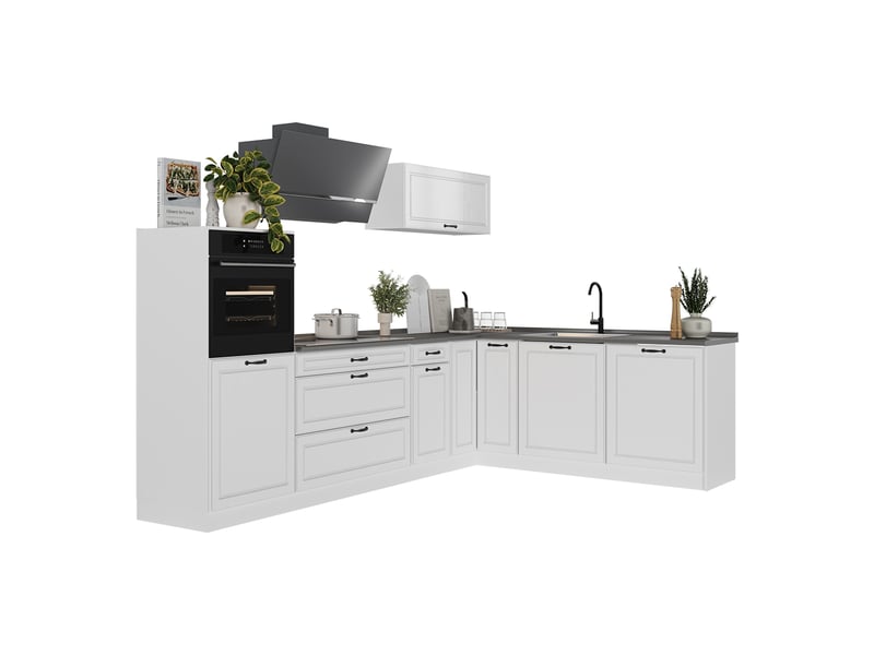 Vicco cuisine en angle, blanc campagneblanc, 287 x cm plan de travail chêne doré - Conforama E