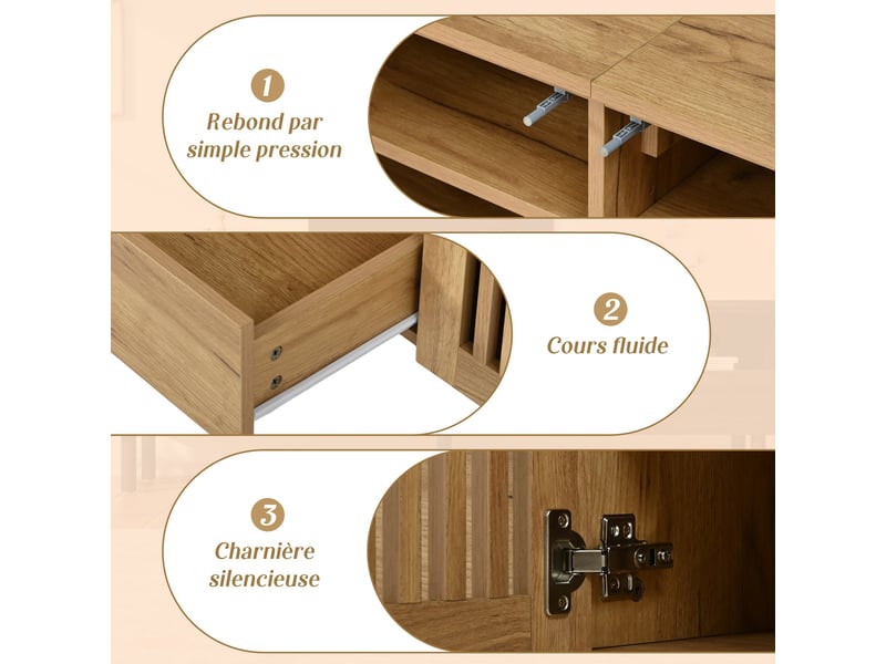  Meuble tv en mdf, 180 × 40 × 51 cm, avec 2 portes grillagées et 2 tiroirs, niches ouvertes et pieds en bois massif, couleur naturel  - Conforama E