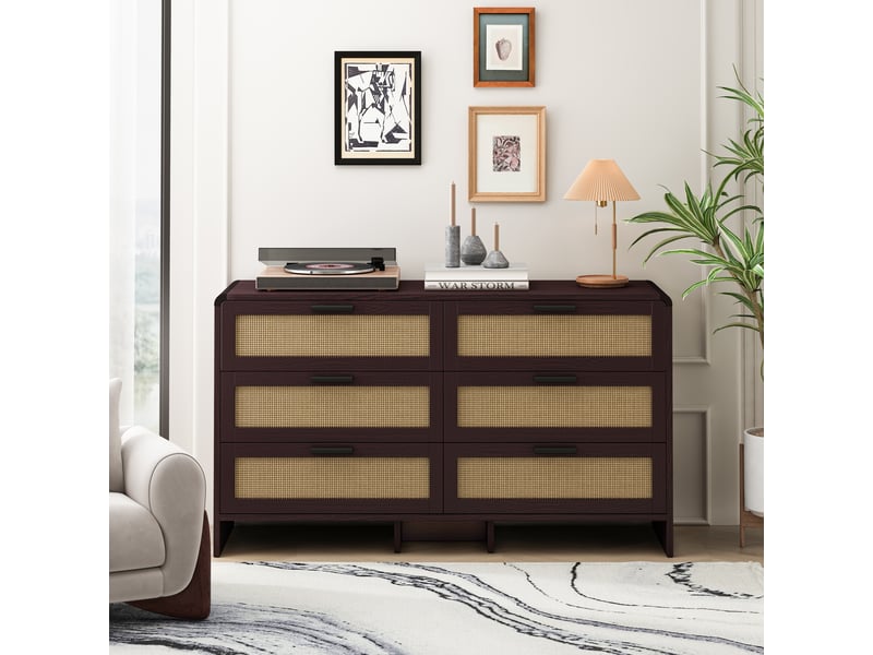  Commode d'angle avec 6 tiroirs en rotin pour salon 130×40×74 cm en panneaux de particules brun rougeâtre  - Conforama C