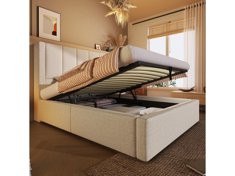  Lit coffre simple 90x200 cm, port usb-c, style moderne, porte-gobelet, rangements intégrés, lin beige, sans matelas  - Conforama D