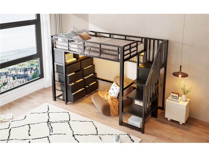  Lit mezzanine enfant simple 90×200 cm, 8 tiroirs, led et étagères - okmyhome- métal noir, sans matelas  - Conforama E